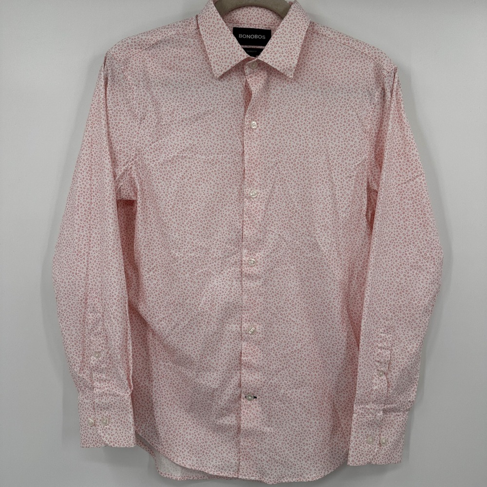 Bonobos Tailored Fit Shirt‎ Men Small Short Pink White Floral Ditsy Stretch Slim